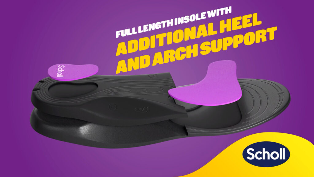 Shoe insole on a purple background with yellow and white text and the yellow scholl logo in the right hand bottom corner. Screenshot from an animation video