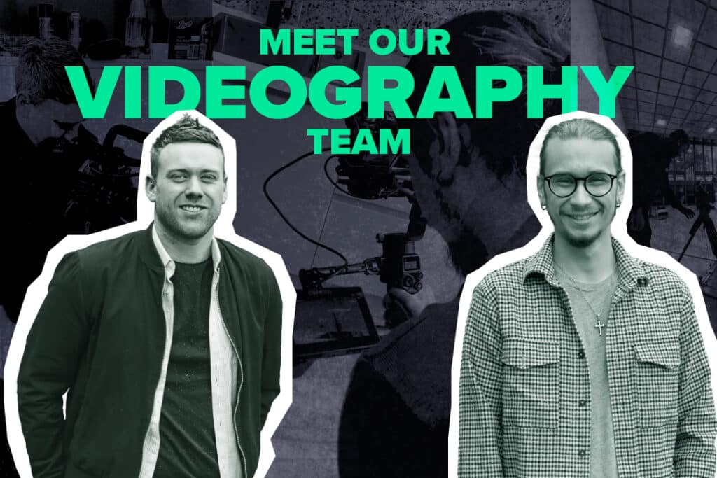 Black opaque background with green writing and an image of two men, part of a videography team