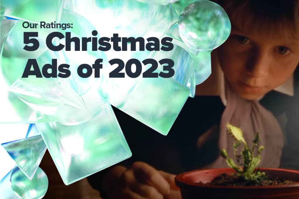 Black writing on a green icicle background with an image of a boy - christmas ads