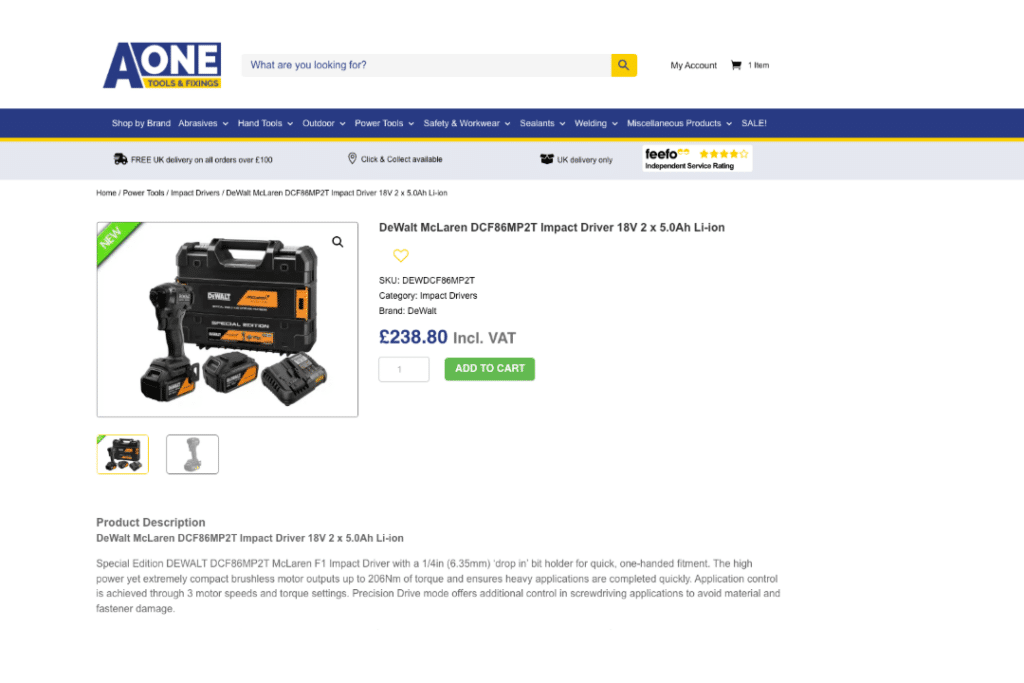 AOne tools ecommerce checkout process showing add to cart for a tool